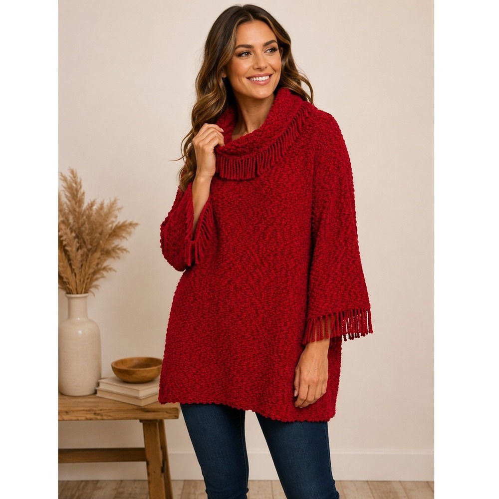 Ali Miles Popcorn Knit Fringe Sweater Red Textured Cowl Neck Tunic XL‎ Boho